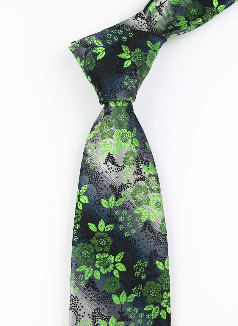 Secdtie Mens Bright Green Silver Black Tie Woven Silk Microfiber Paisley Necktie - Image 4